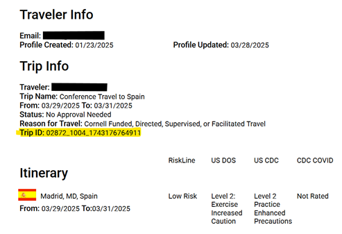 Travel Registry - PDF Trip Info View